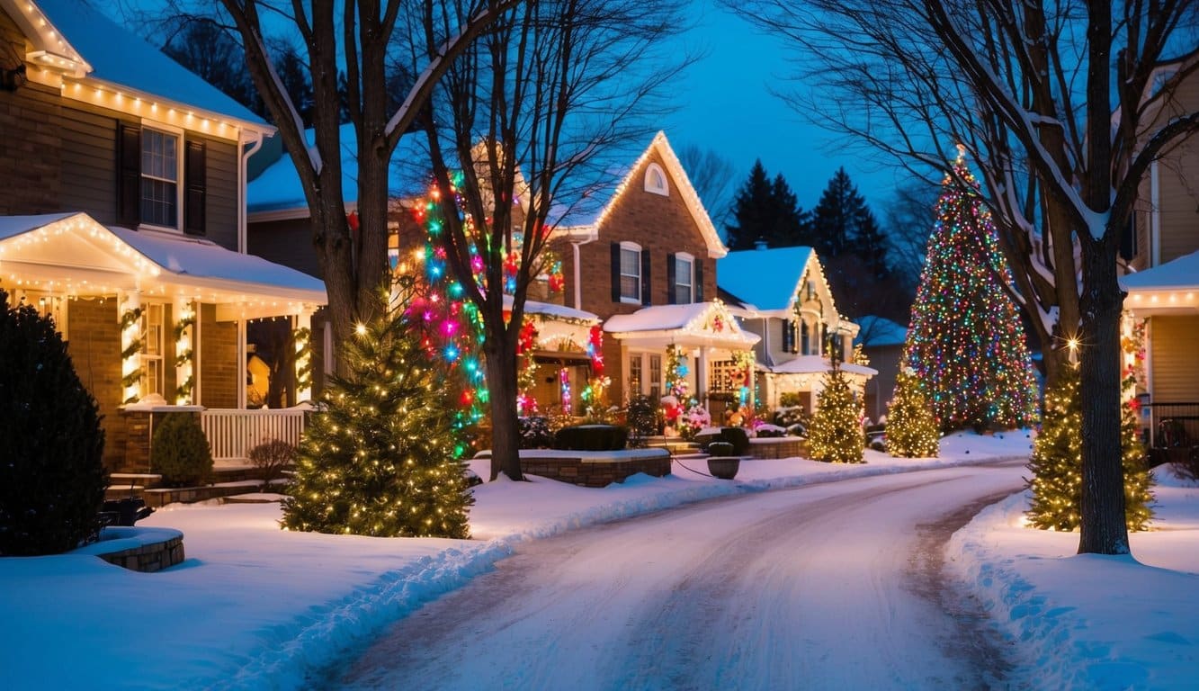 Best Christmas Light Displays Iowa 2025: Top Must-See Holiday Shows 19 Colorful lights adorn houses and trees, illuminating the snowy lane. A festive display of twinkling lights and decorations creates a magical holiday scene