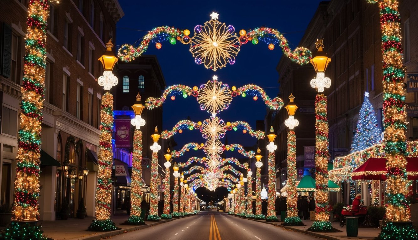 Best Christmas Light Displays Illinois 2025: Top 20 Festive Spots to Visit 6 A festive street lined with colorful, twinkling lights and adorned with elaborate holiday decorations, creating a magical and enchanting Christmas display in St. Louis