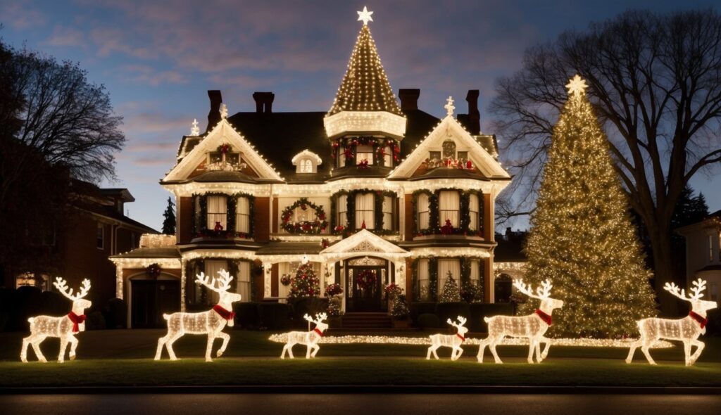 A large house decorated with Christmas lights, wreaths, and illuminated reindeer figures on the lawn, with a lit Christmas tree to the right, at dusk.