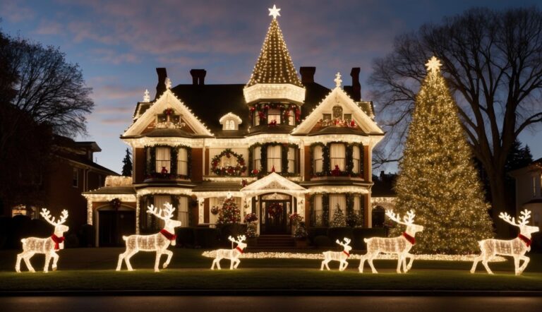 A large house decorated with Christmas lights, wreaths, and illuminated reindeer figures on the lawn, with a lit Christmas tree to the right, at dusk.