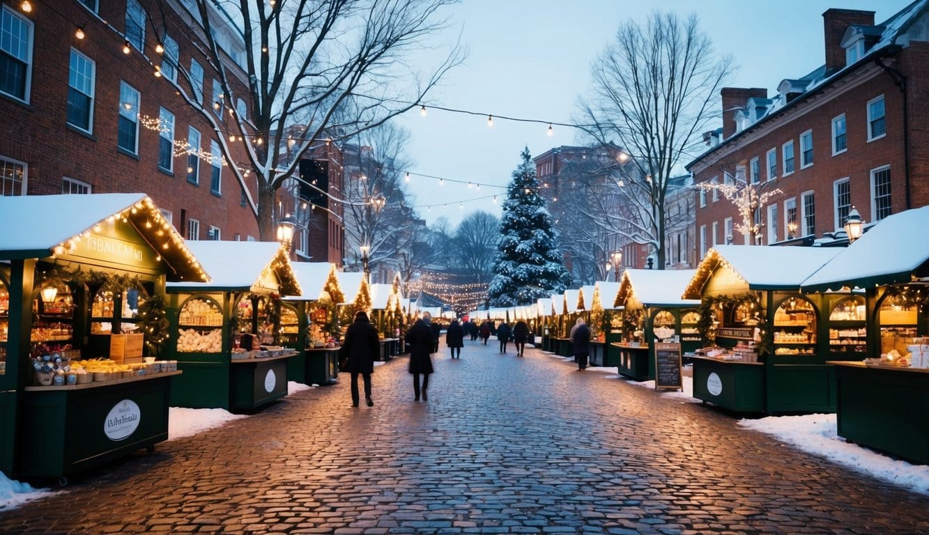 Christmas Markets Virginia 2025: Top 50 Festive Events and Shopping Destinations 2 Festive market stalls line cobblestone streets amid twinkling lights and snow-covered trees in Virginia's 2025 Christmas markets