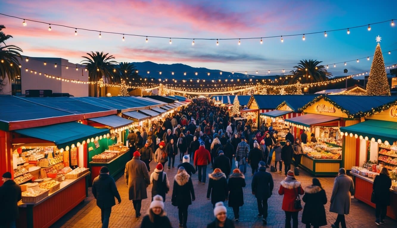 Christmas Markets Southern California 2025: Top 50 Festive Holiday Events and Locations 2 A festive Christmas market in Southern California, 2025, with colorful stalls, twinkling lights, and a bustling crowd