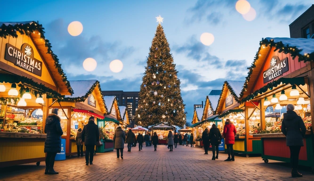 Christmas Markets Minnesota 2025: Top 50 Festive Markets to Visit 2 A festive Christmas market in Minnesota, 2025, with colorful stalls, twinkling lights, and a towering Christmas tree as the centerpiece
