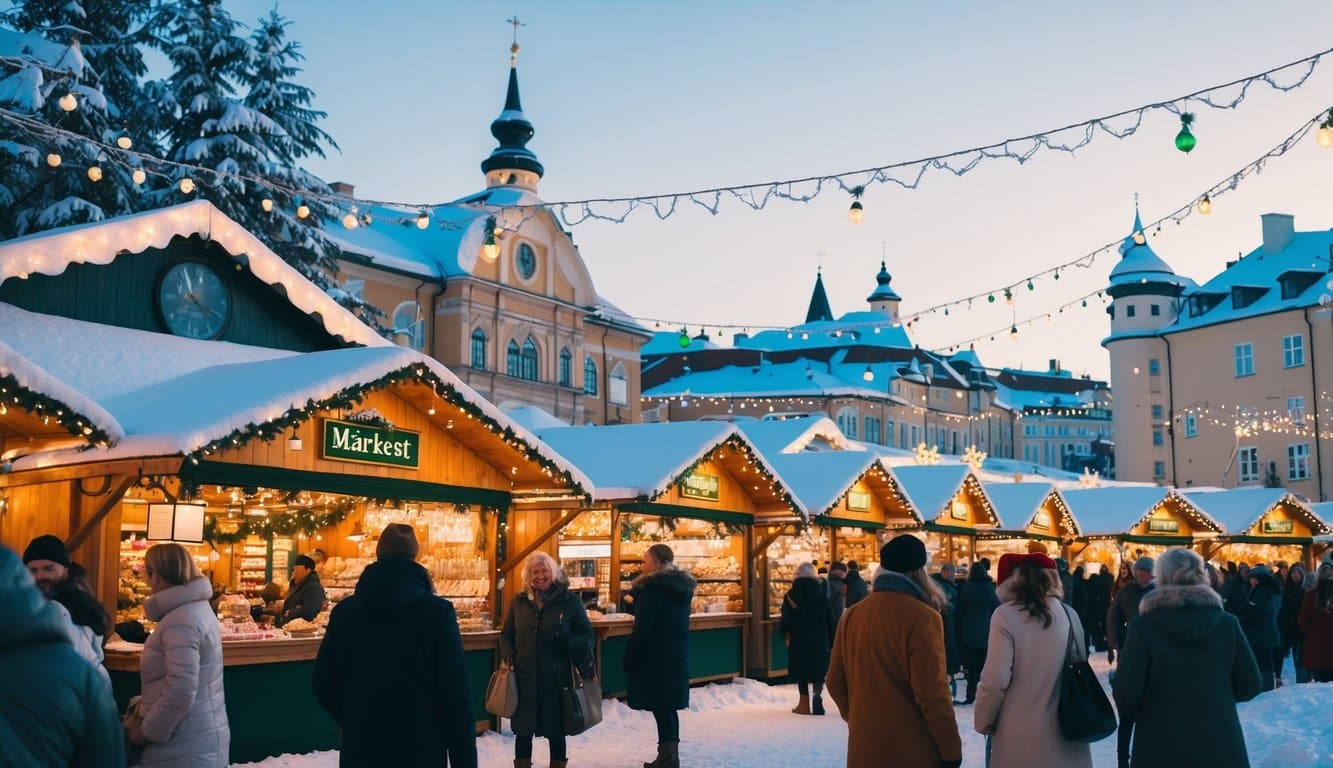 Christmas Markets Virginia 2025: Top 50 Festive Events and Shopping Destinations 3 Snow-covered market stalls adorned with twinkling lights, surrounded by festive decorations and a bustling crowd