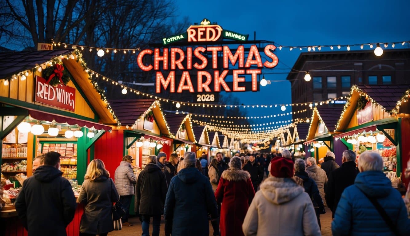 Christmas Markets Minnesota 2025: Top 50 Festive Markets to Visit 3 A festive Christmas market in Red Wing, Minnesota in 2025, with colorful stalls, twinkling lights, and a bustling crowd