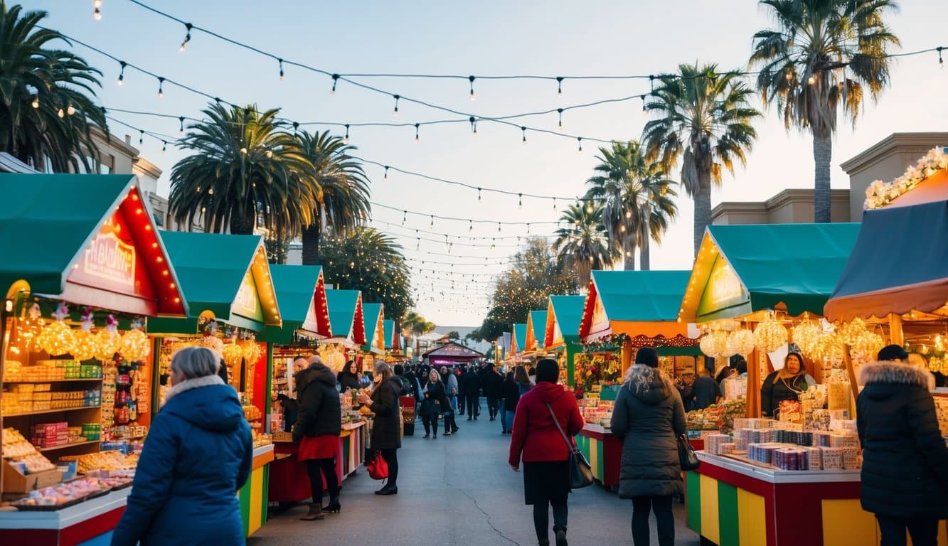 Christmas Markets Southern California 2025: Top 50 Festive Holiday Events and Locations 5 A bustling holiday market with colorful stalls, twinkling lights, and festive decorations, set against a backdrop of palm trees and a sunny Southern California sky