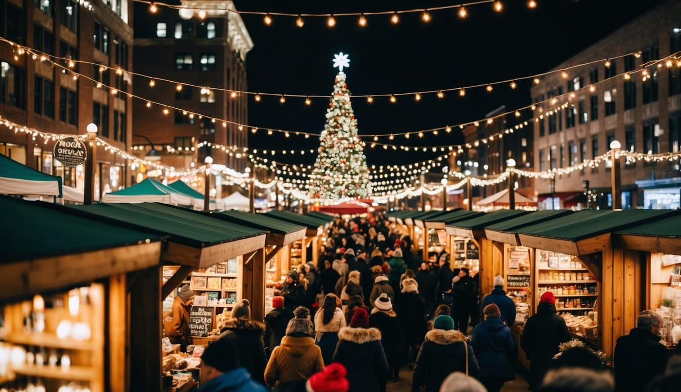 Christmas Markets Minnesota 2025: Top 50 Festive Markets to Visit 4 A festive holiday market with twinkling lights, wooden stalls, and bustling crowds in downtown Minneapolis, Minnesota