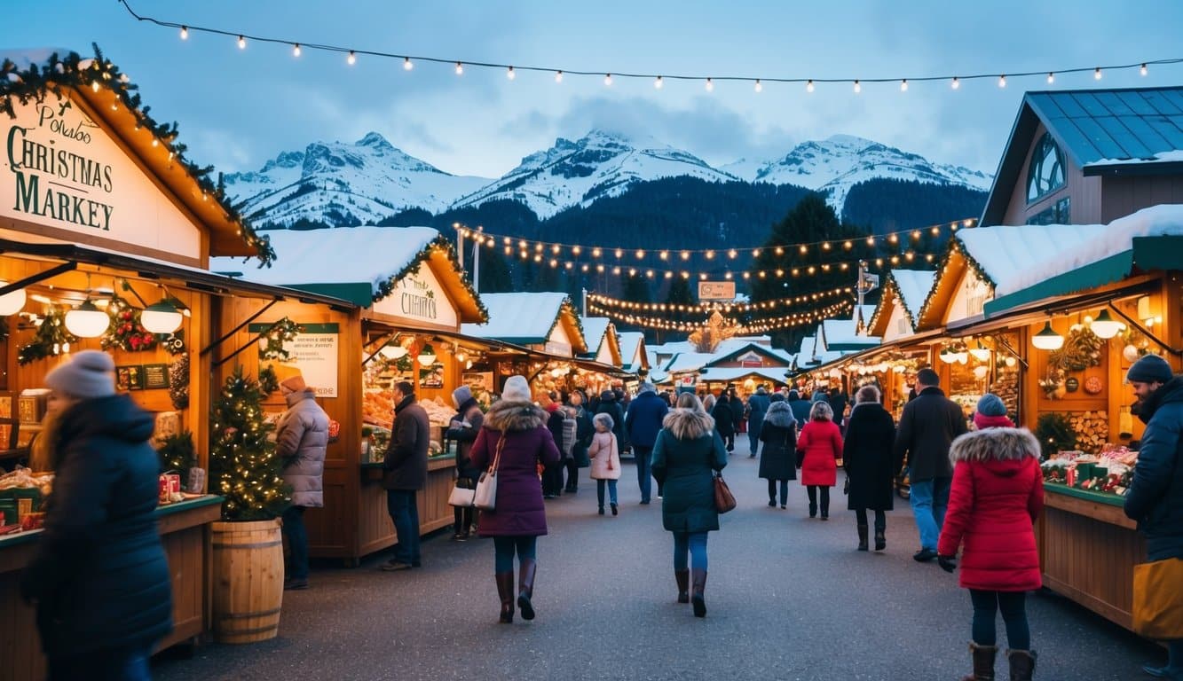 Christmas Markets Washington State 2025: Top 50 Festive Events and Holiday Fairs 2 A bustling Christmas market in Poulsbo, Washington, with festive stalls, twinkling lights, and a backdrop of snow-capped mountains