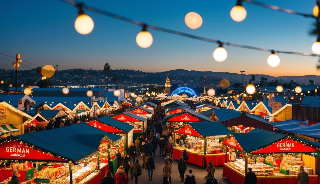 Christmas Markets Southern California 2025: Top 50 Festive Holiday Events and Locations 6 A bustling German American holiday market in LA, filled with festive stalls and twinkling lights, set against the backdrop of Southern California's sunny landscape