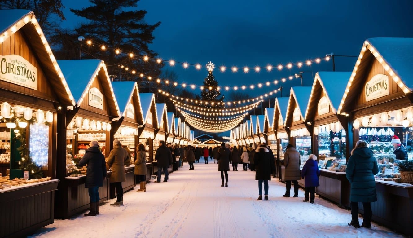Christmas Markets Ohio 2025: 50 Top Holiday Events and Festive Fairs 6 A bustling Christmas market with festive stalls and twinkling lights, set against a snowy backdrop in Sandusky, Ohio, December 12-13, 2025