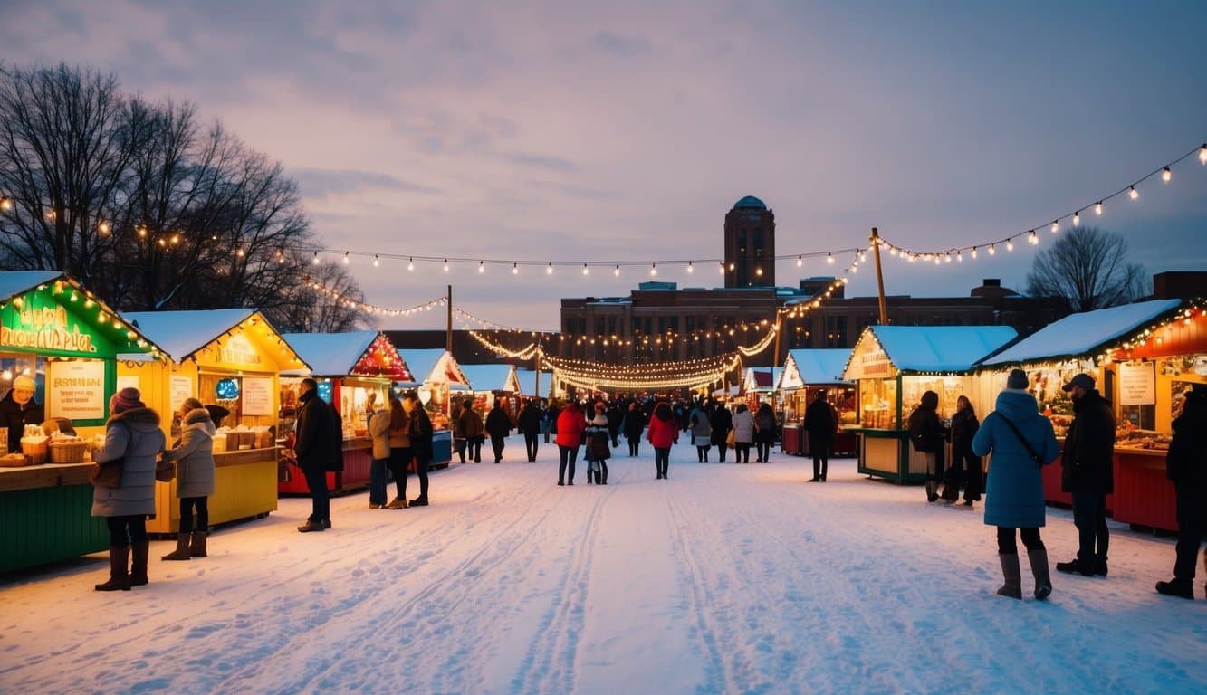 Christmas Markets Minnesota 2025: Top 50 Festive Markets to Visit 5 A festive holiday market in Minneapolis, with colorful stalls and twinkling lights, surrounded by a snowy field and bustling with visitors