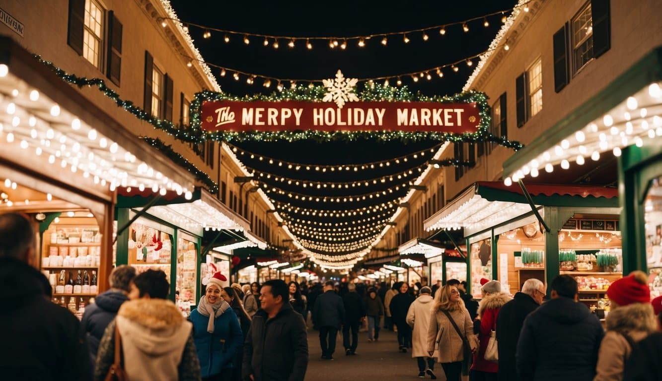 Christmas Markets Southern California 2025: Top 50 Festive Holiday Events and Locations 7 A festive holiday market with twinkling lights, decorated stalls, and bustling crowds in Southern California
