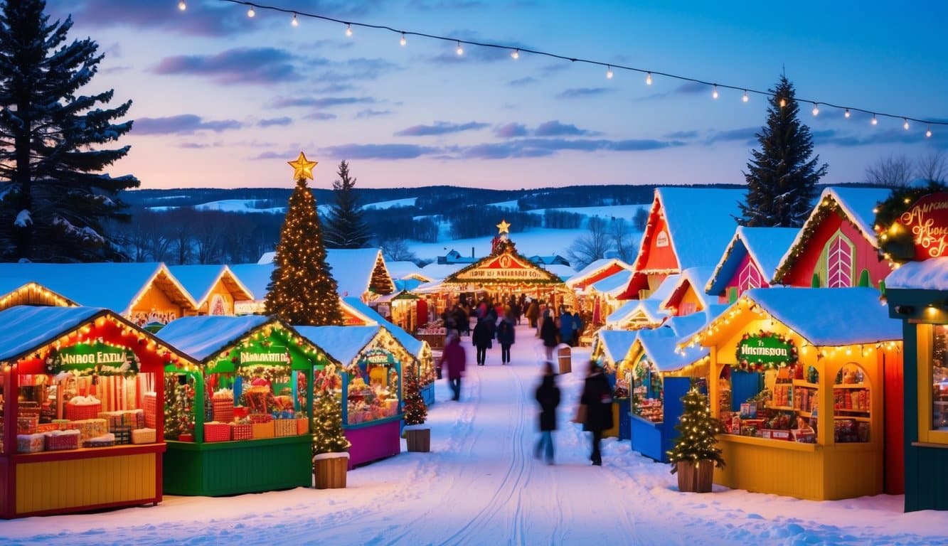 Christmas Markets Minnesota 2025: Top 50 Festive Markets to Visit 6 Vibrant holiday bazaar with colorful stalls, twinkling lights, and festive decorations. Snow-covered Minnesota landscape in the background
