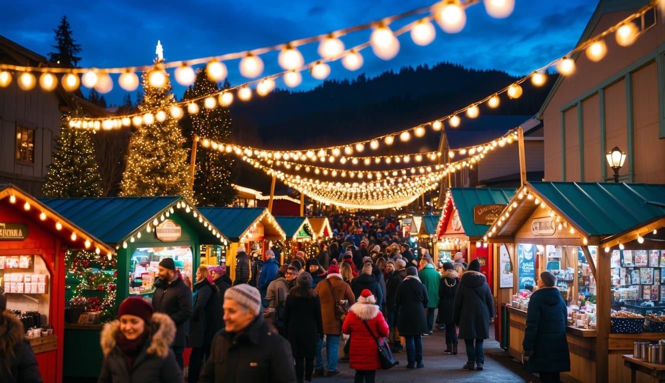 Christmas Markets Washington State 2025: Top 50 Festive Events and Holiday Fairs 4 A festive Christmas market in Silverton, Washington State, with colorful stalls, twinkling lights, and a bustling crowd
