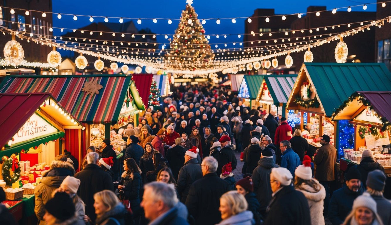 Christmas Markets Ohio 2025: 50 Top Holiday Events and Festive Fairs 7 A bustling Christmas market with colorful stalls, twinkling lights, and festive decorations, surrounded by joyful crowds in Bryan, Ohio