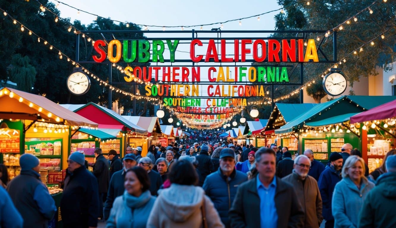 Christmas Markets Southern California 2025: Top 50 Festive Holiday Events and Locations 8 A festive holiday market with colorful stalls, twinkling lights, and bustling crowds in Southern California