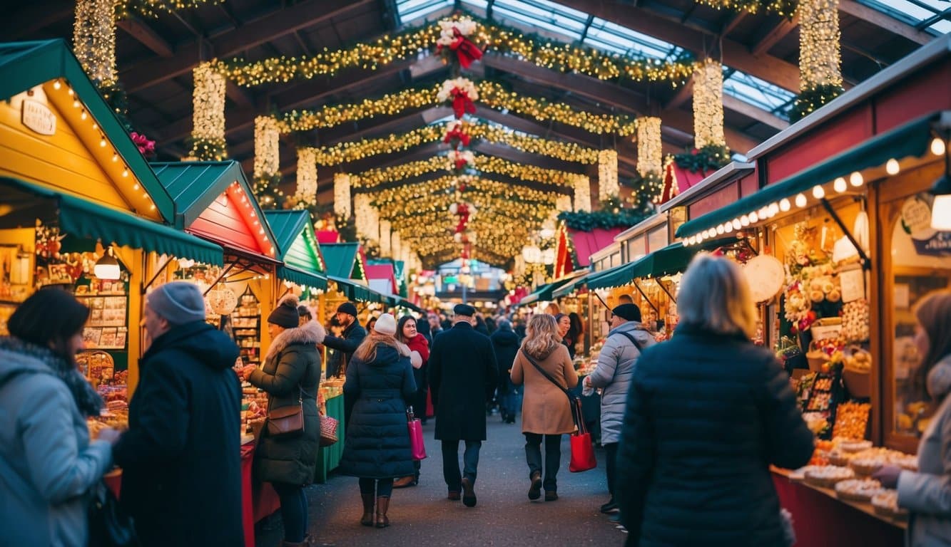 Christmas Markets Virginia 2025: Top 50 Festive Events and Shopping Destinations 6 A bustling holiday market with colorful stalls, twinkling lights, and festive decorations. Shoppers browse through artisan crafts and sample seasonal treats