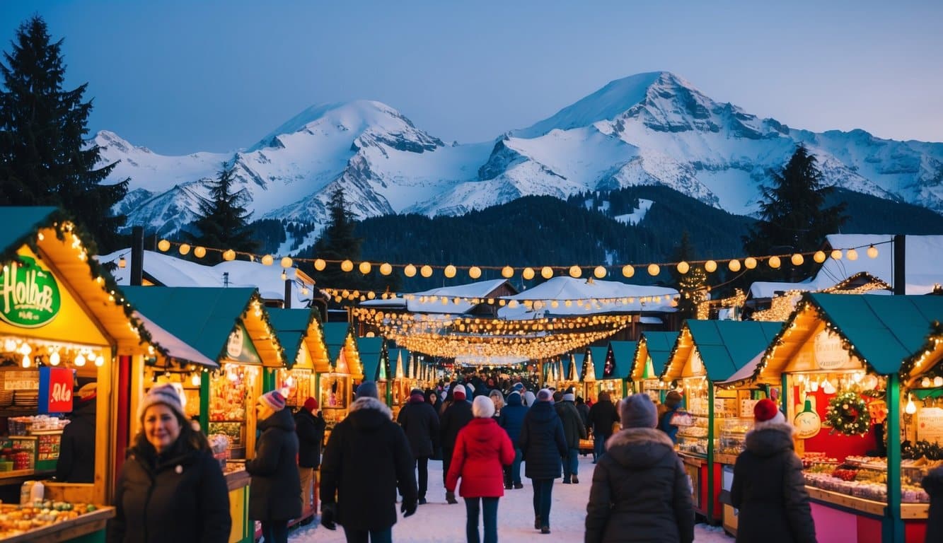 Christmas Markets Washington State 2025: Top 50 Festive Events and Holiday Fairs 5 A bustling holiday market with colorful stalls, twinkling lights, and festive decorations set against the backdrop of snow-capped mountains in the Pacific Northwest