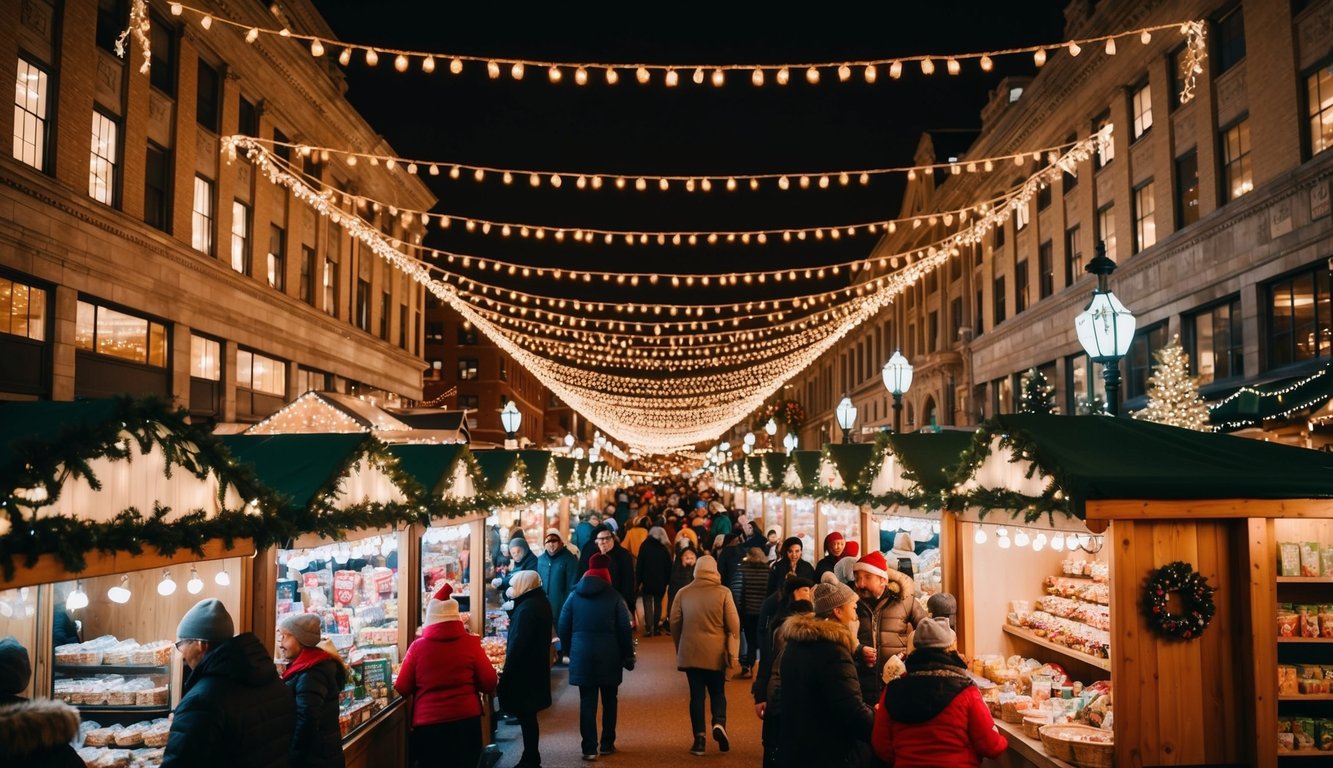Christmas Markets Minnesota 2025: Top 50 Festive Markets to Visit 7 A bustling holiday market in Minnesota, adorned with festive lights and decorations, surrounded by vendors selling seasonal goods and treats