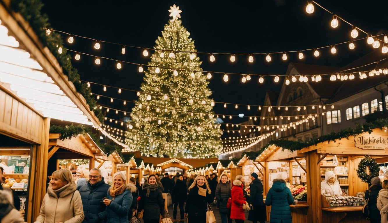 Christmas Markets Washington State 2025: Top 50 Festive Events and Holiday Fairs 6 A festive holiday market with twinkling lights, wooden stalls, and a giant Christmas tree surrounded by joyful shoppers