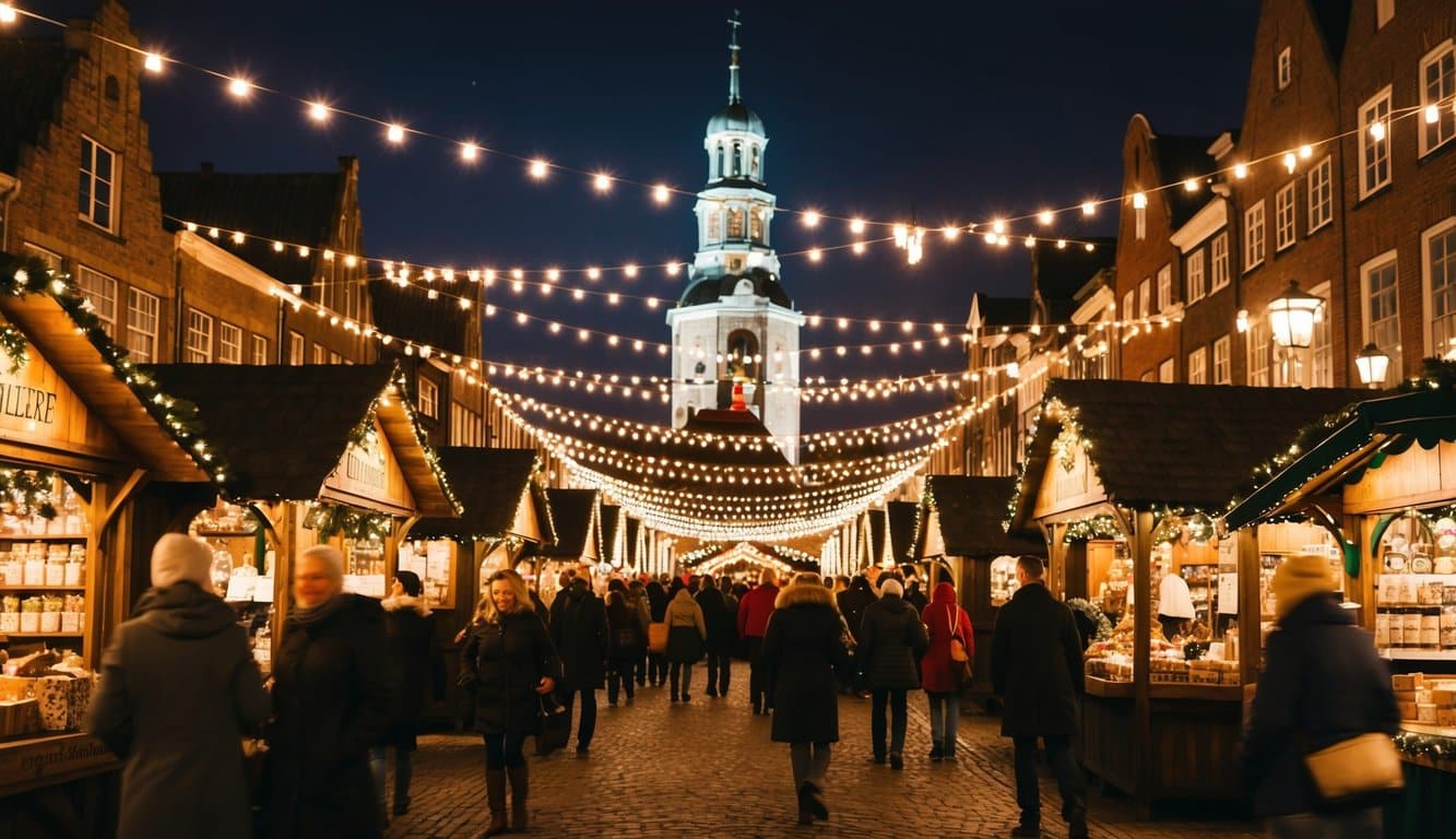 Christmas Markets Ohio 2025: 50 Top Holiday Events and Festive Fairs 8 A bustling Dutch Christmas market in Ohio, filled with traditional wooden stalls, twinkling lights, and festive decorations
