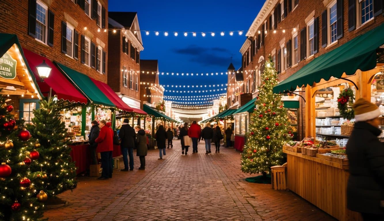 Christmas Markets Virginia 2025: Top 50 Festive Events and Shopping Destinations 8 A bustling Christmas village with festive market stalls and twinkling lights in Old Town Alexandria, Virginia, 2025