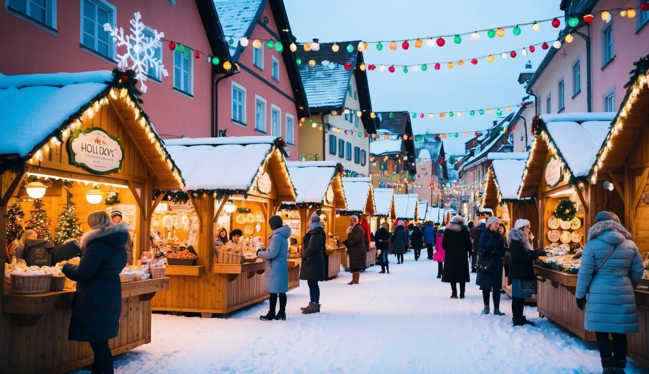 Christmas Markets Ohio 2025: 50 Top Holiday Events and Festive Fairs 9 Festive holiday market stalls line the snowy streets, with twinkling lights and colorful decorations adorning the quaint buildings. Visitors browse handcrafted goods and seasonal treats, creating a lively and cheerful atmosphere