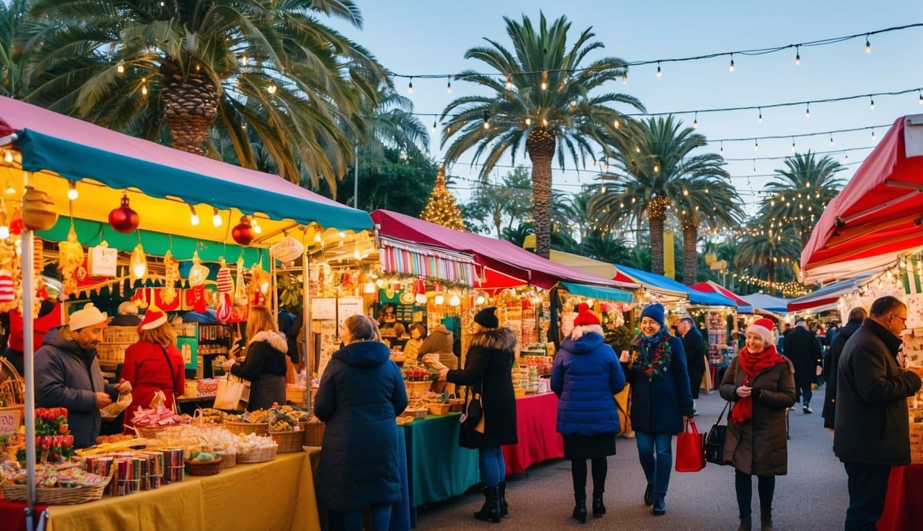 Christmas Markets Southern California 2025: Top 50 Festive Holiday Events and Locations 12 A bustling outdoor market with colorful stalls, twinkling lights, and festive decorations. Vendors sell handmade crafts, artisanal goods, and holiday treats. Palm trees and a sunny sky in the background