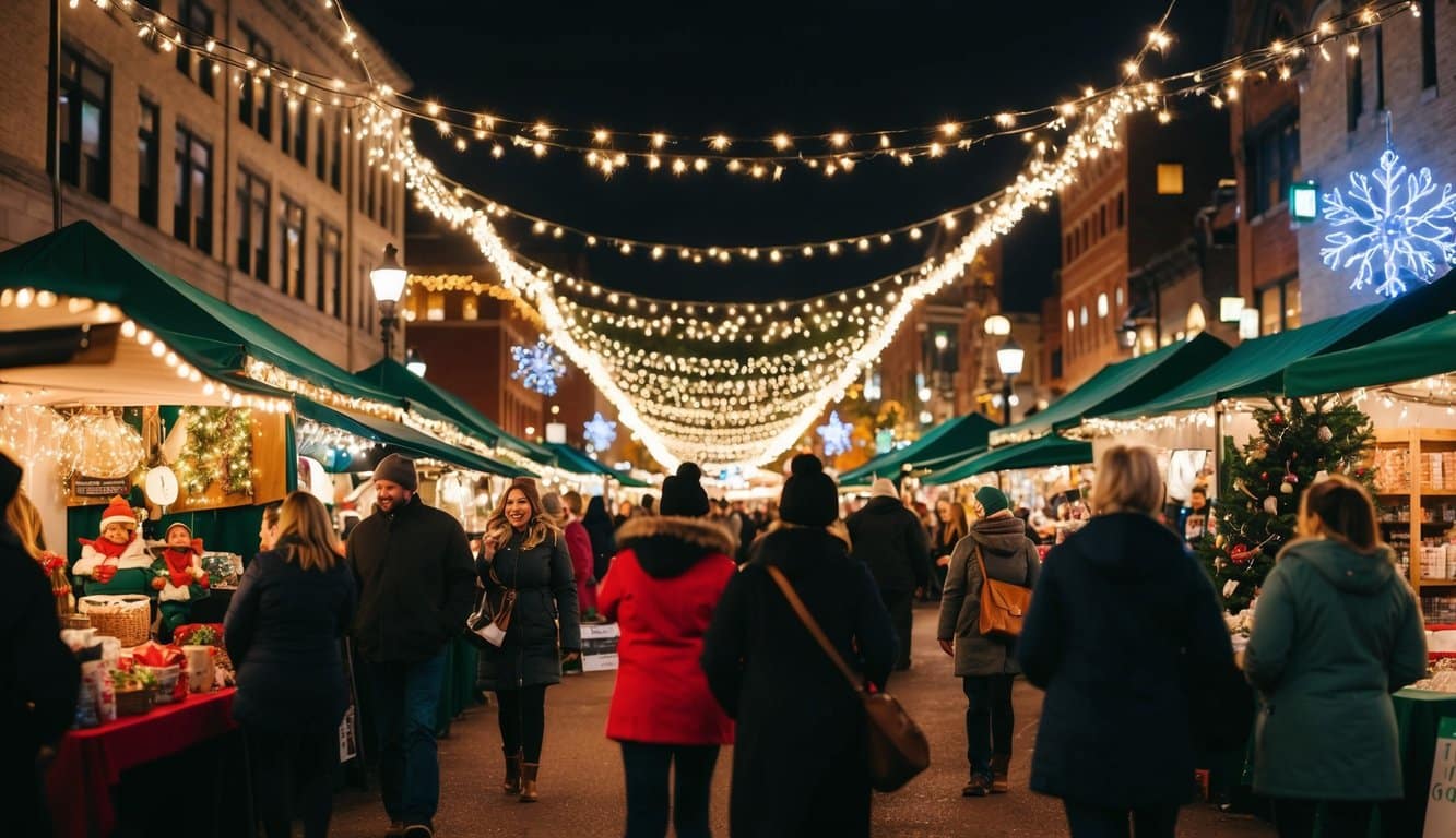 Christmas Markets Minnesota 2025: Top 50 Festive Markets to Visit 2 A bustling holiday market with twinkling lights, festive decorations, and vendors selling handmade goods in Minneapolis, Minnesota