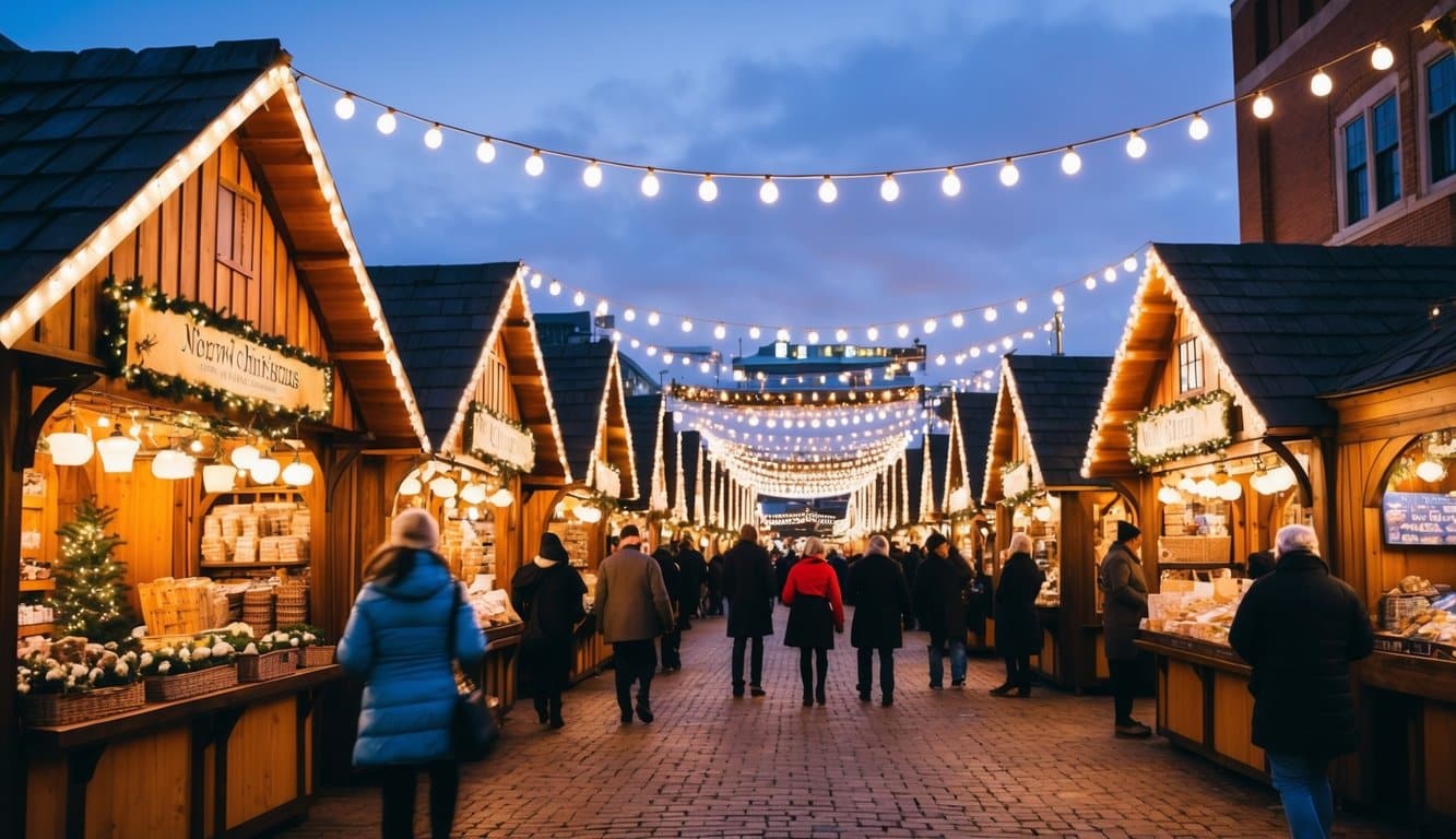 Christmas Markets Virginia 2025: Top 50 Festive Events and Shopping Destinations 10 A festive German Christmas market in Newport News, Virginia, with traditional wooden stalls selling holiday goods and twinkling lights illuminating the scene