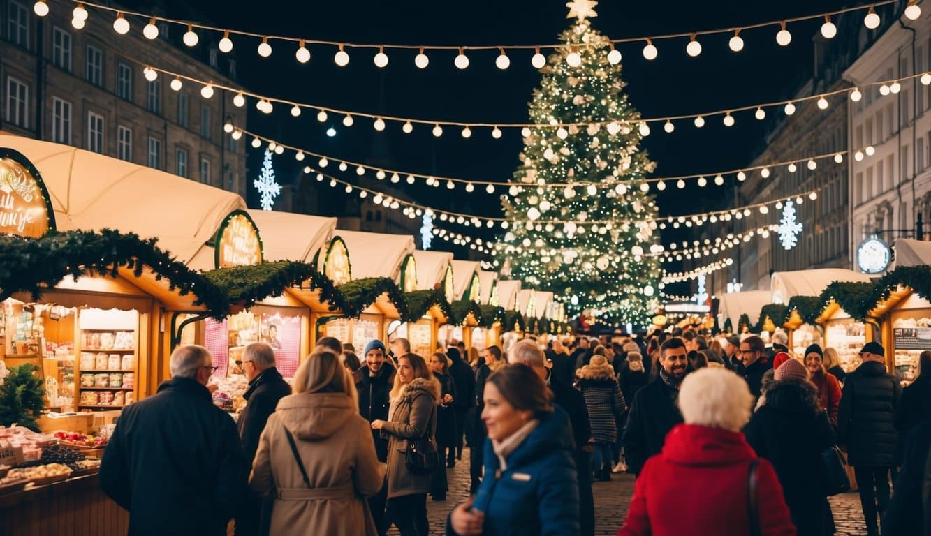 Christmas Markets Virginia 2025: Top 50 Festive Events and Shopping Destinations 2 A bustling Christmas market with festive stalls, twinkling lights, and a large tree adorned with ornaments. Crowds of people browse and enjoy the holiday atmosphere