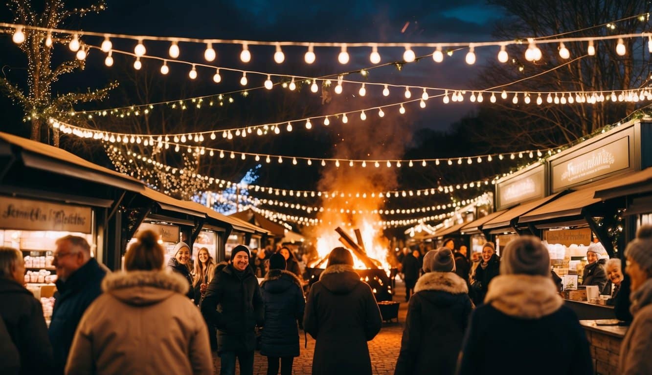 Christmas Markets Washington State 2025: Top 50 Festive Events and Holiday Fairs 2 A festive market with twinkling lights, cozy stalls, and a large bonfire surrounded by joyful visitors