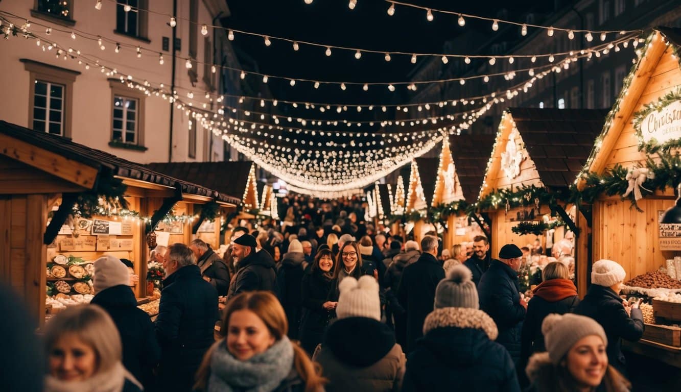 Christmas Markets Ohio 2025: 50 Top Holiday Events and Festive Fairs 3 A bustling Christmas market with wooden stalls, twinkling lights, and festive decorations, surrounded by joyful crowds and the aroma of mulled wine and roasted nuts