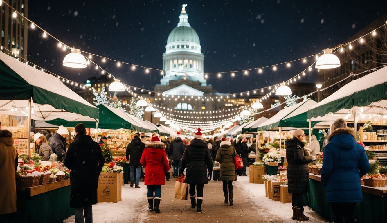 Christmas Markets Minnesota 2025: Top 50 Festive Markets to Visit 4 A festive scene at the St. Paul Holiday Farmers Market in Minnesota, 2025, with vendors selling Christmas goods under twinkling lights and a dusting of snow