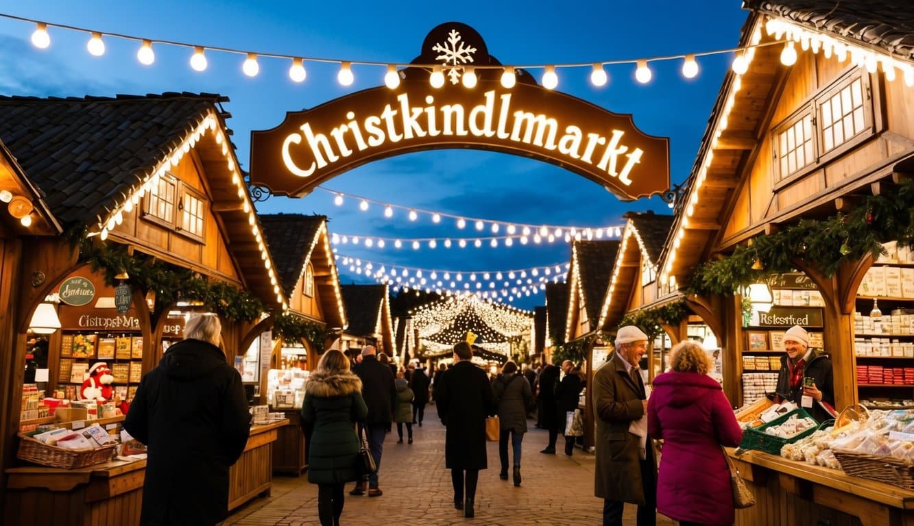 Christmas Markets Southern California 2025: Top 50 Festive Holiday Events and Locations 3 A festive Christkindlmarkt in Pasadena, with traditional wooden stalls, twinkling lights, and cheerful visitors browsing holiday goods