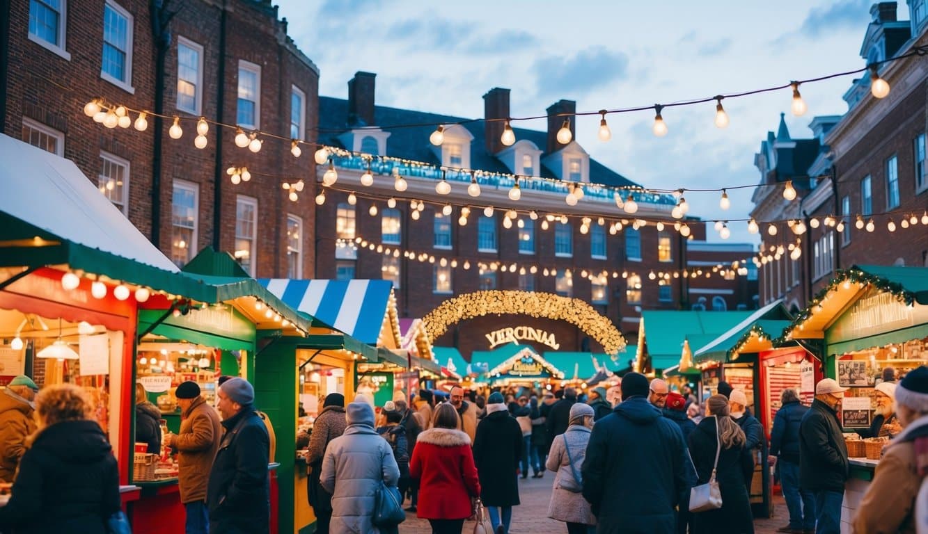 Christmas Markets Virginia 2025: Top 50 Festive Events and Shopping Destinations 3 A festive holiday market in Front Royal, Virginia, with colorful stalls, twinkling lights, and bustling crowds