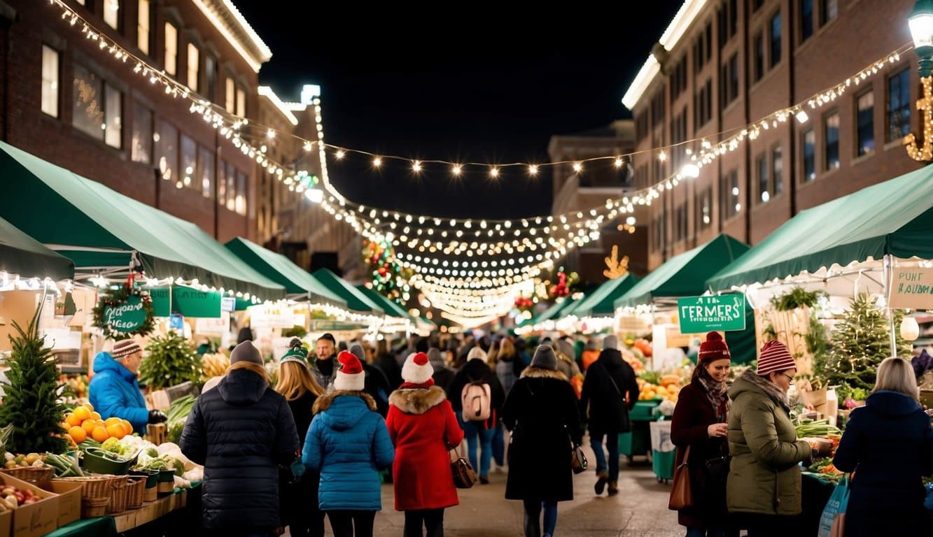 Christmas Markets Minnesota 2025: Top 50 Festive Markets to Visit 5 A bustling winter farmers market in Minneapolis, adorned with Christmas decorations and twinkling lights, filled with vendors and shoppers browsing through locally grown produce and handmade goods