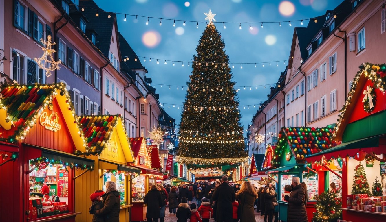 Christmas Markets Washington State 2025: Top 50 Festive Events and Holiday Fairs 3 Colorful stalls line the streets, adorned with twinkling lights and festive decorations. A giant Christmas tree stands tall in the center, surrounded by joyful families and the sound of holiday music fills the air