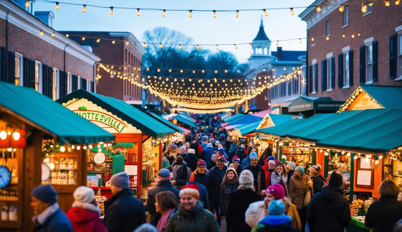 Christmas Markets Virginia 2025: Top 50 Festive Events and Shopping Destinations 4 A festive holiday market in Charlottesville, Virginia, with colorful stalls, twinkling lights, and bustling crowds