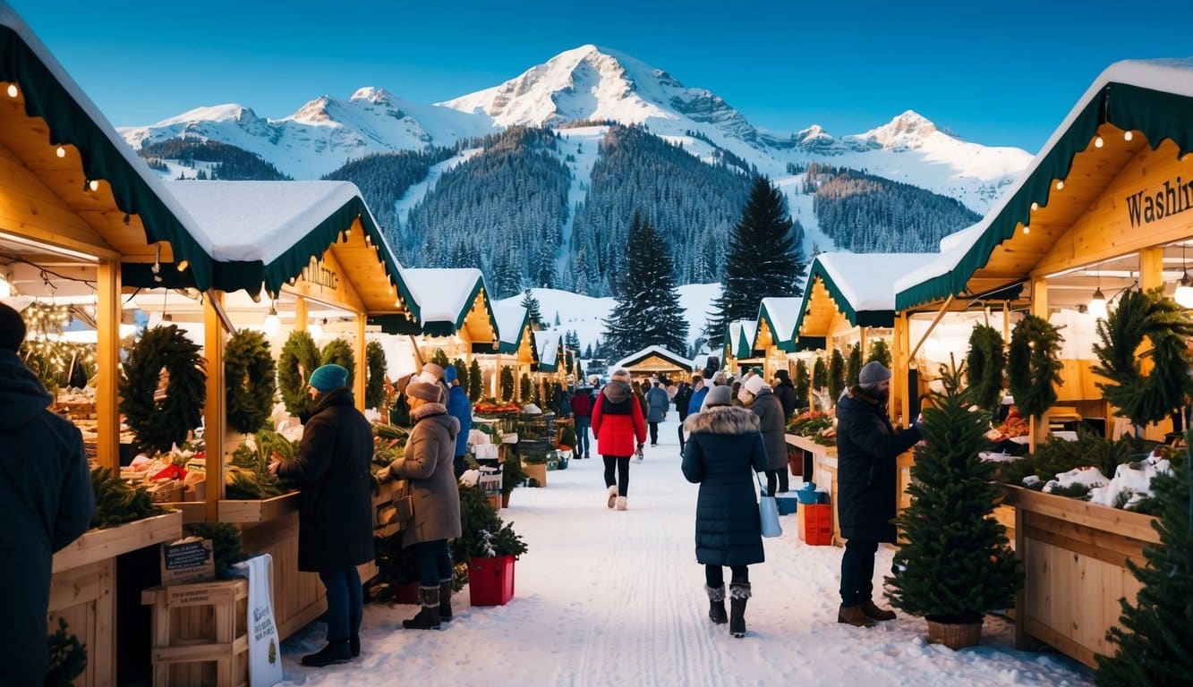 Christmas Markets Washington State 2025: Top 50 Festive Events and Holiday Fairs 4 A bustling winter market with vendors selling festive wreaths and evergreen trees under the snow-capped mountains of Washington State in 2025