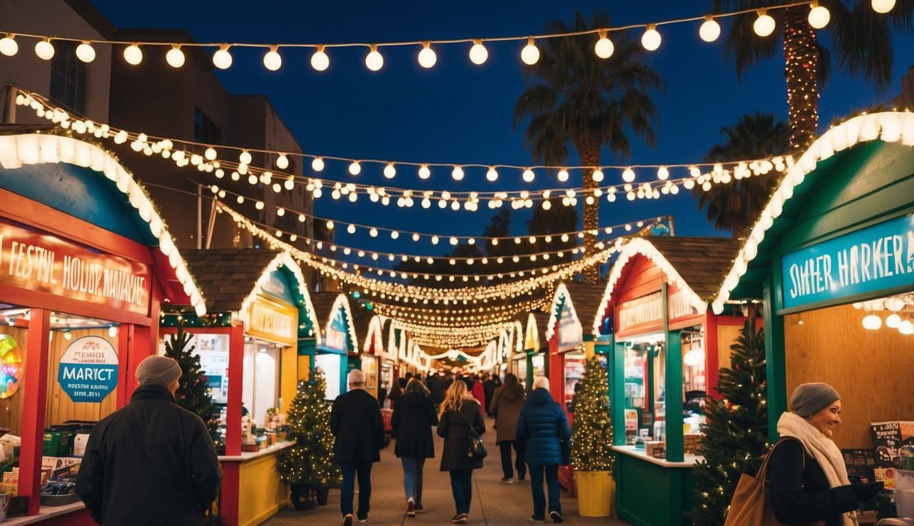 Christmas Markets Southern California 2025: Top 50 Festive Holiday Events and Locations 4 A festive holiday market in Southern California with twinkling lights, colorful vendor booths, and a cheerful atmosphere