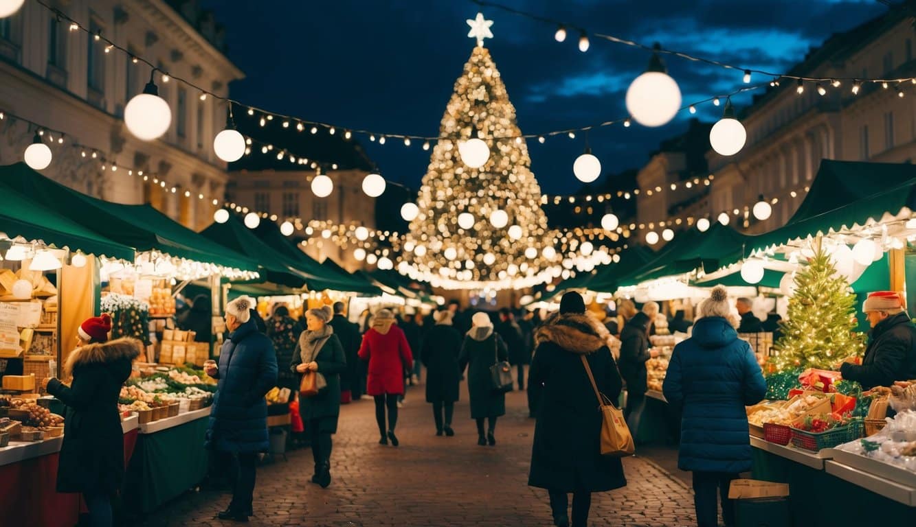 Christmas Markets Minnesota 2025: Top 50 Festive Markets to Visit 7 A bustling holiday market with vendors selling festive goods under twinkling lights and a giant Christmas tree