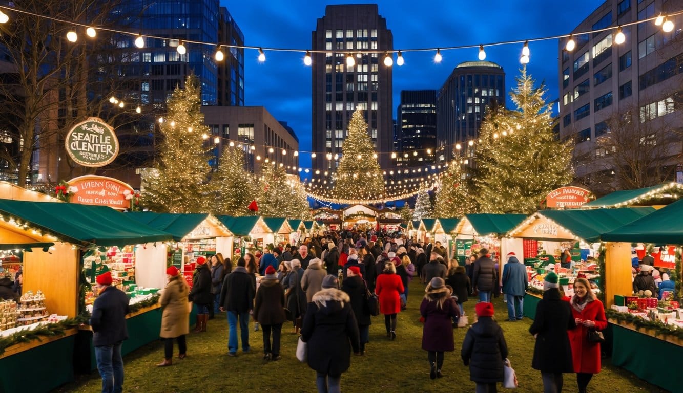 Christmas Markets Washington State 2025: Top 50 Festive Events and Holiday Fairs 5 The Christmas market at Seattle Center South Fountain Lawn is bustling with vendors and visitors, surrounded by festive decorations and twinkling lights