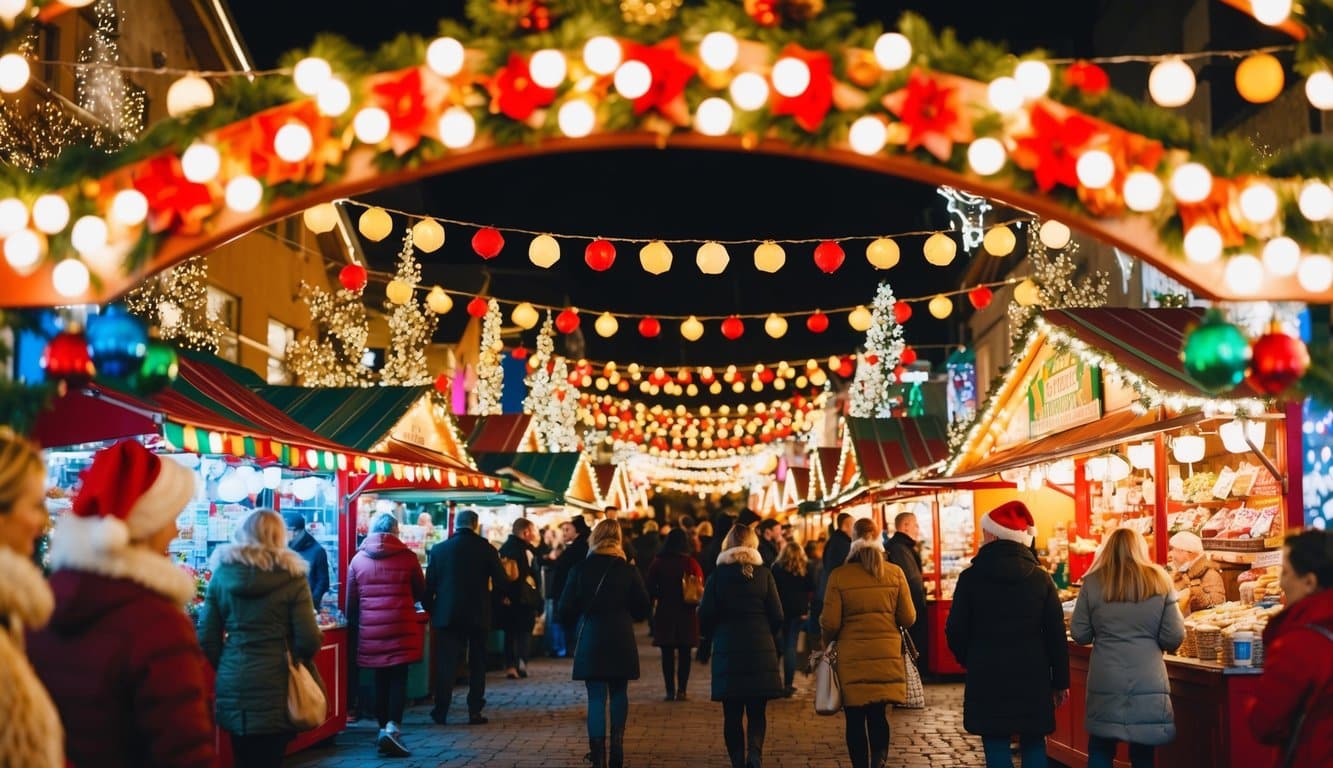 Christmas Markets Virginia 2025: Top 50 Festive Events and Shopping Destinations 6 A bustling holiday market with colorful stalls and twinkling lights, surrounded by festive decorations and cheerful visitors