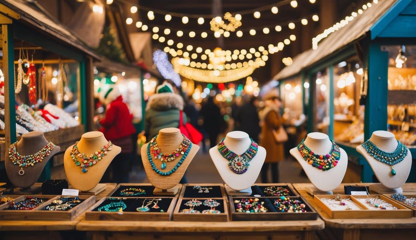 Christmas Markets Ohio 2025: 50 Top Holiday Events and Festive Fairs 6 Colorful handmade jewelry displayed on rustic wooden stalls at a bustling Ohio Christmas market. Twinkling lights and festive decorations add to the holiday atmosphere
