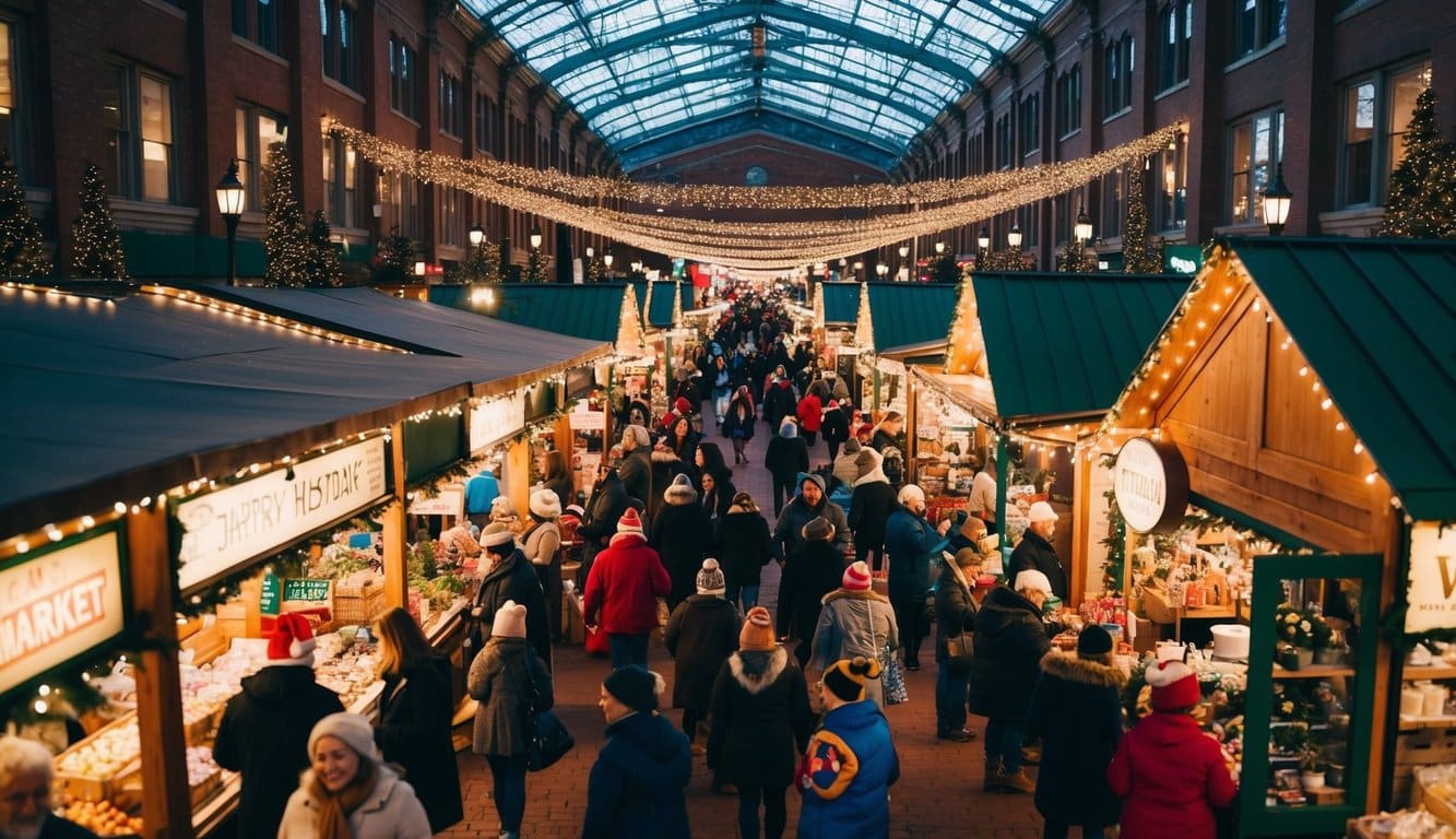 Christmas Markets Minnesota 2025: Top 50 Festive Markets to Visit 9 A bustling holiday market in Minnesota, adorned with festive lights and decorations, filled with vendors selling goods and visitors enjoying the cheerful atmosphere