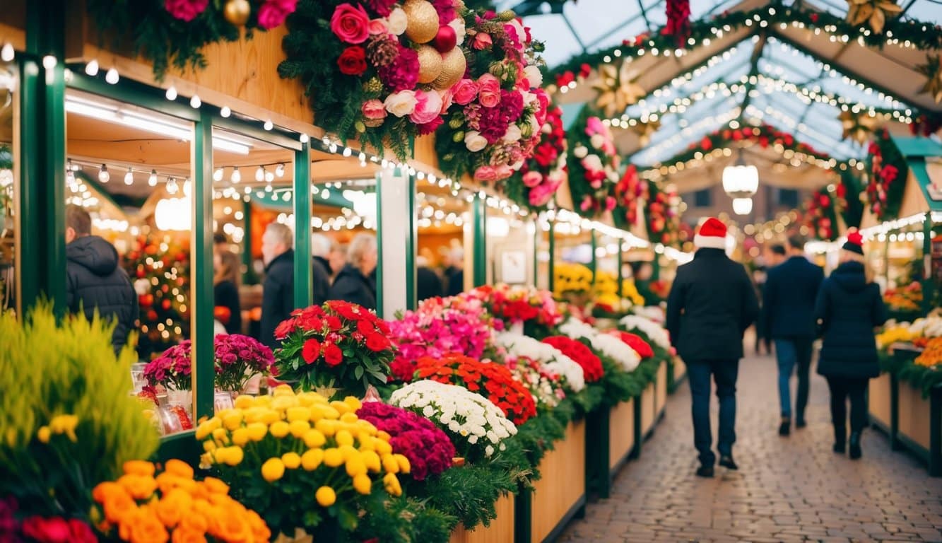 Christmas Markets Ohio 2025: 50 Top Holiday Events and Festive Fairs 7 Vibrant floral arrangements adorn Ohio Christmas market stalls, surrounded by festive decorations and twinkling lights