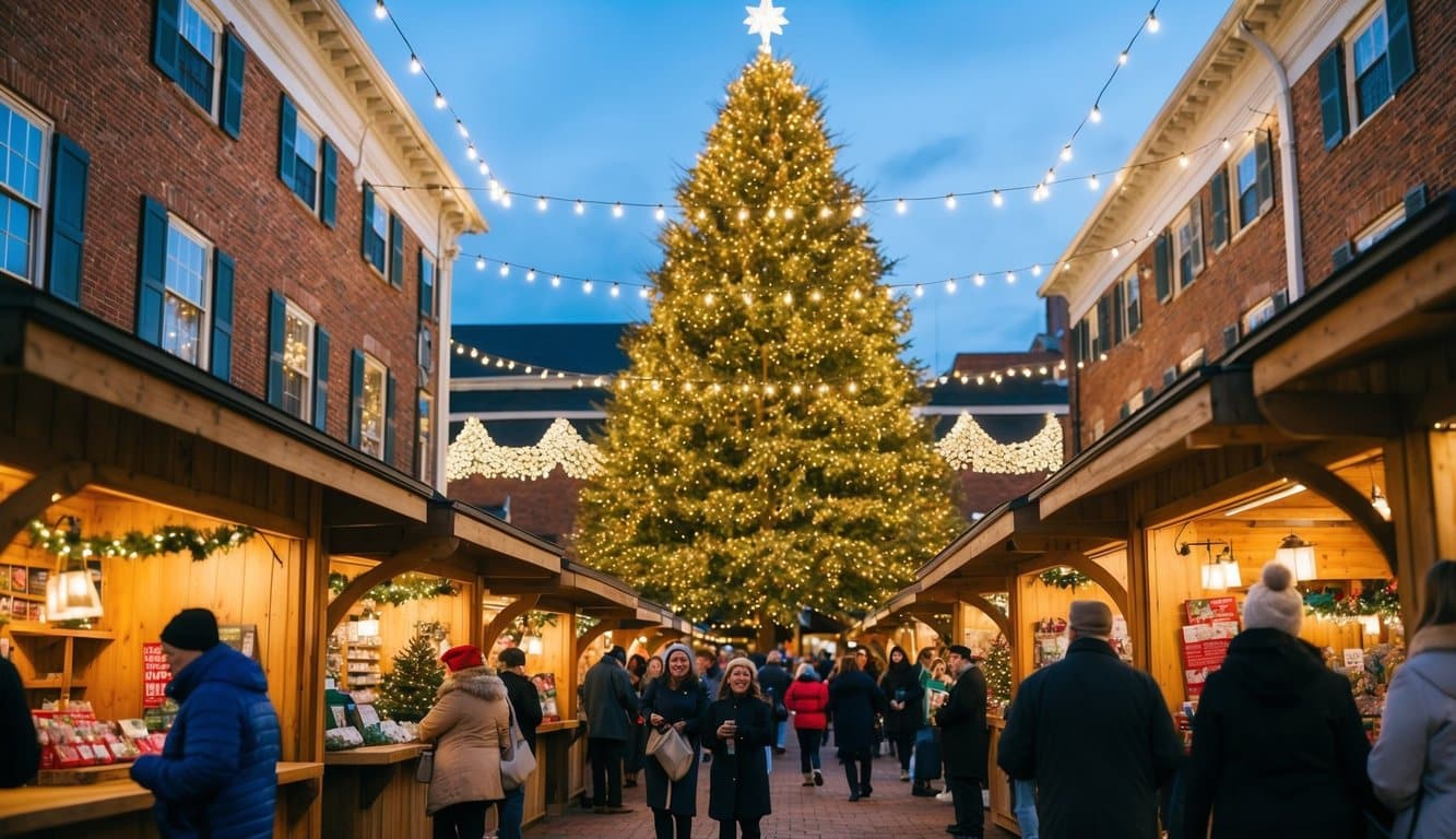 Christmas Markets Virginia 2025: Top 50 Festive Events and Shopping Destinations 9 A festive holiday market with twinkling lights, wooden stalls, and a large Christmas tree surrounded by joyful shoppers in Staunton, Virginia in 2025