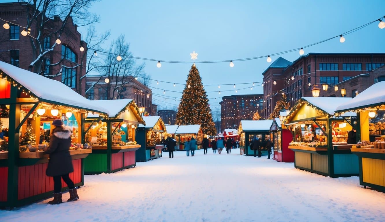 Christmas Markets Minnesota 2025: Top 50 Festive Markets to Visit 11 A snowy outdoor Christmas market in Minnesota, with colorful stalls, twinkling lights, and festive decorations