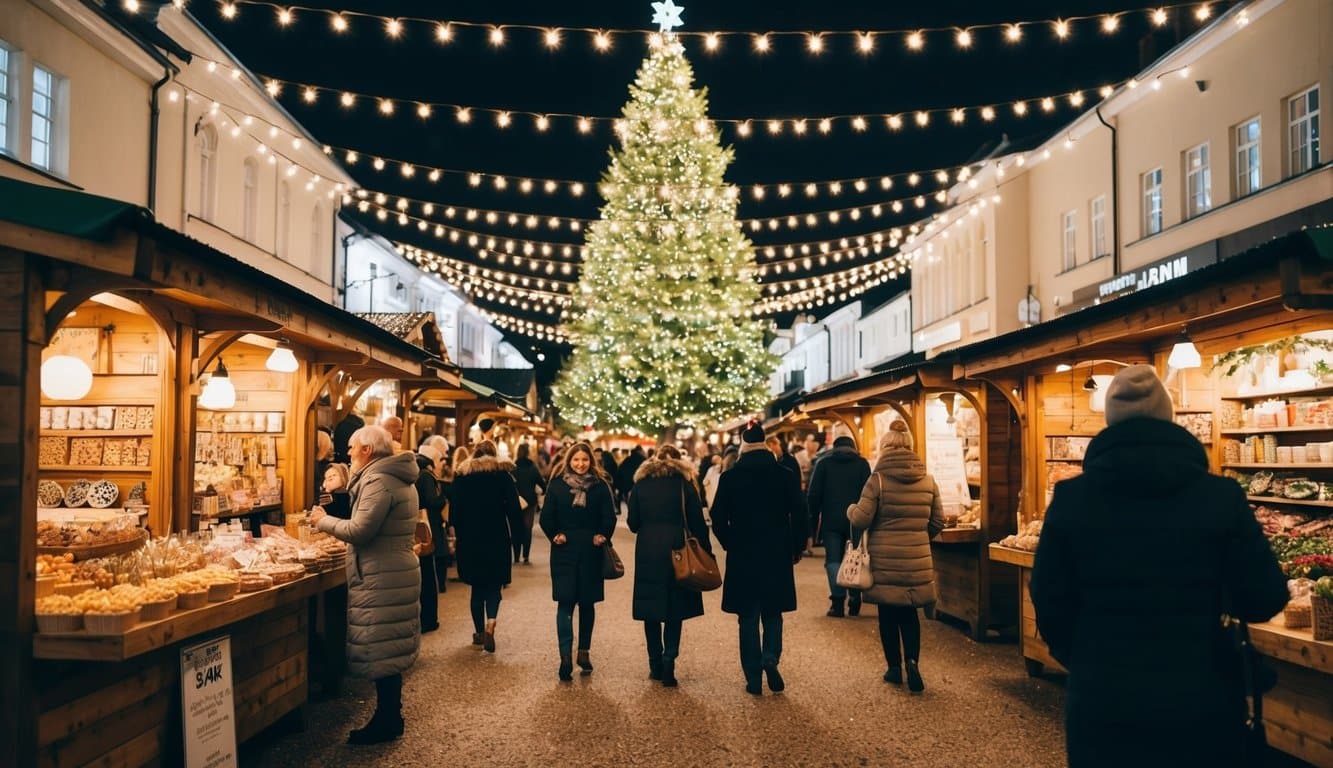 Christmas Markets Minnesota 2025: Top 50 Festive Markets to Visit 12 A festive holiday market with twinkling lights, wooden stalls, and a large Christmas tree in the center. Shoppers browse through handmade crafts and seasonal treats